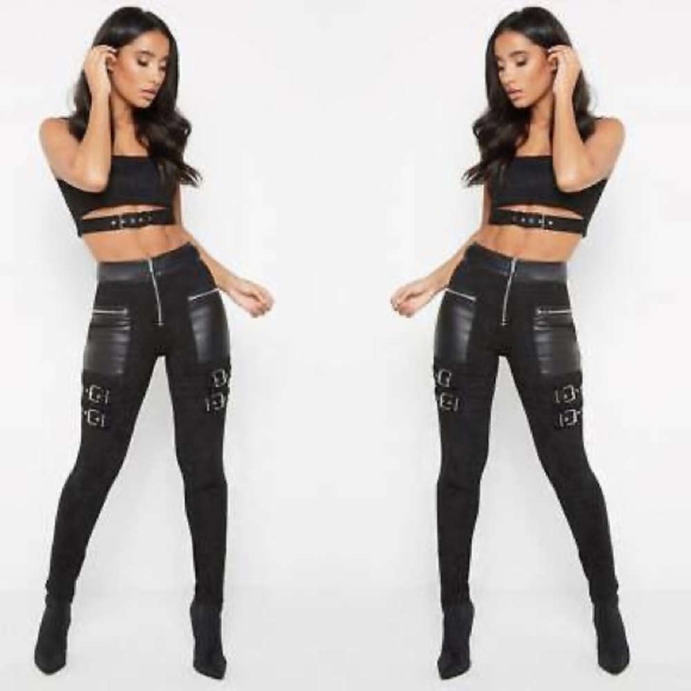 NEW MANIERE DE VOIR Black Suede and Leather Buckle Mid Rise Pants